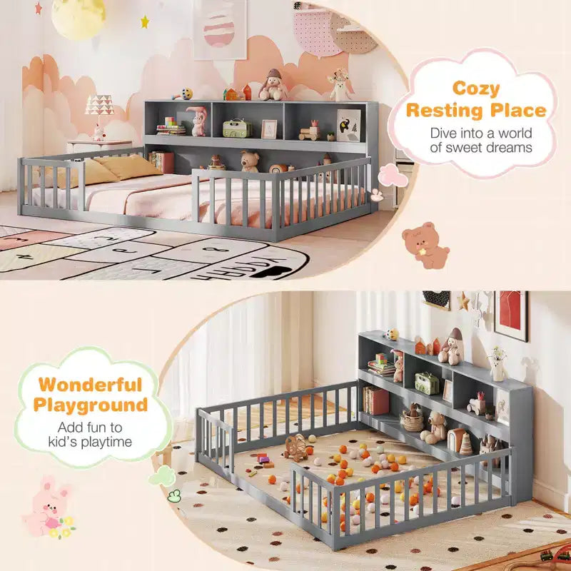 Twin/Full Size Montessori Floor Bed with Bookcase Storage Shelves & Safety Fence Rails White/Gray