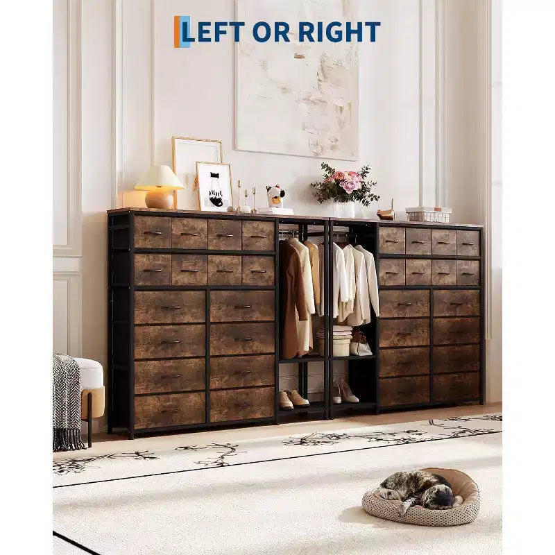 Dresser with 16 Drawers & Hanging Rod & Shelves, Fabric Storage Organizer for Bedroom, Closet, or Entryway