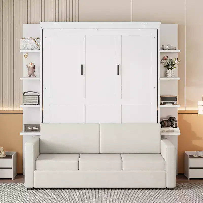 Whisen Modern Design Wood Frame Queen Size Murphy Bed Wall Bed with Sofa and Shelves