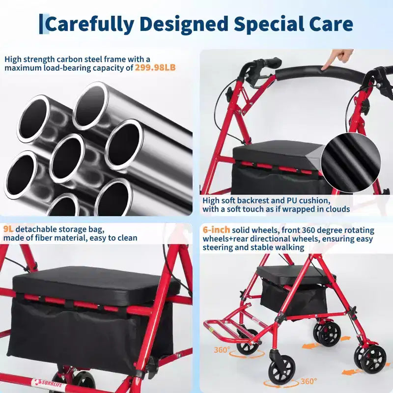Portable Collapsible Wheelchair for Adults, 299lb Capacity, 6 Wheels, Adjustable Height, Underseat Storage, Comfortable Seat & Foot Pedal
