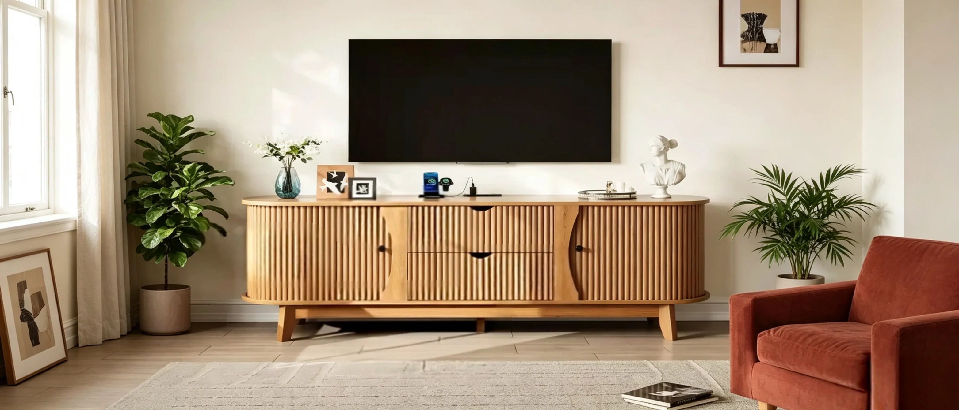 Black/Brown Mid Century TV Stand with 2 Drawers, for 1 Room