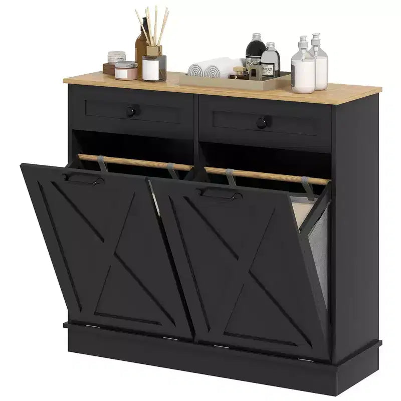 HOMCOM Tilt Out Laundry Hamper Cabinet Bathroom Storage Cabinet with 2 Removable Baskets and 2 Drawers