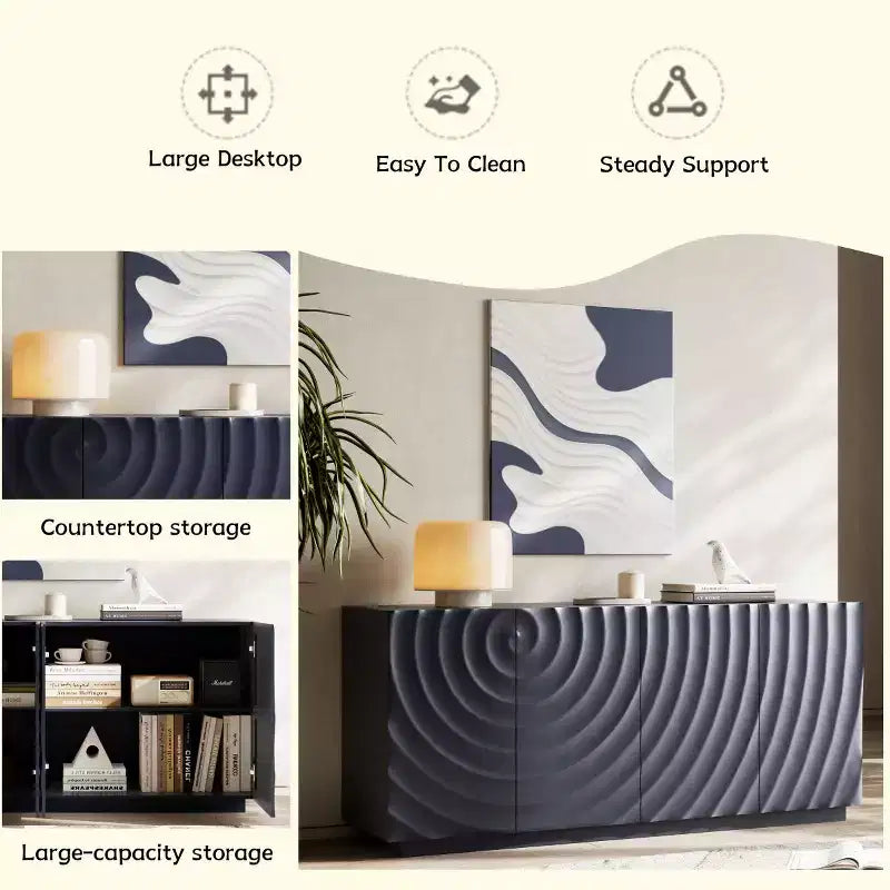 59 Modern Spiral Sideboard Buffet Cabinet, Low Profile Art Entryway Storage Cabinet with 3D Ripple Texture Doors