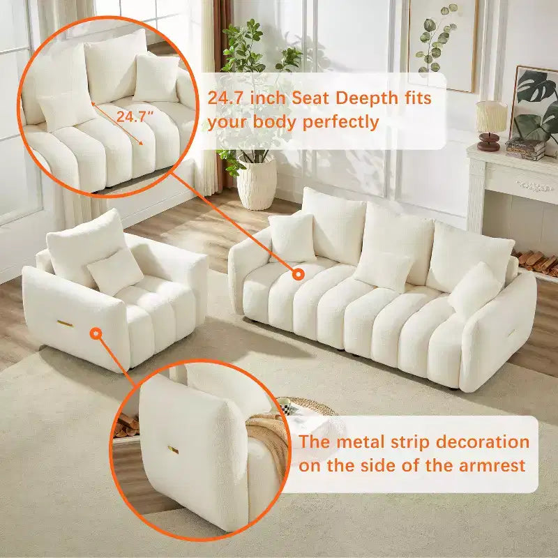 GDFStudio Alanna 79.5 Modern Teddy Fabric Upholstered 3-Seater Sofa with Pillows