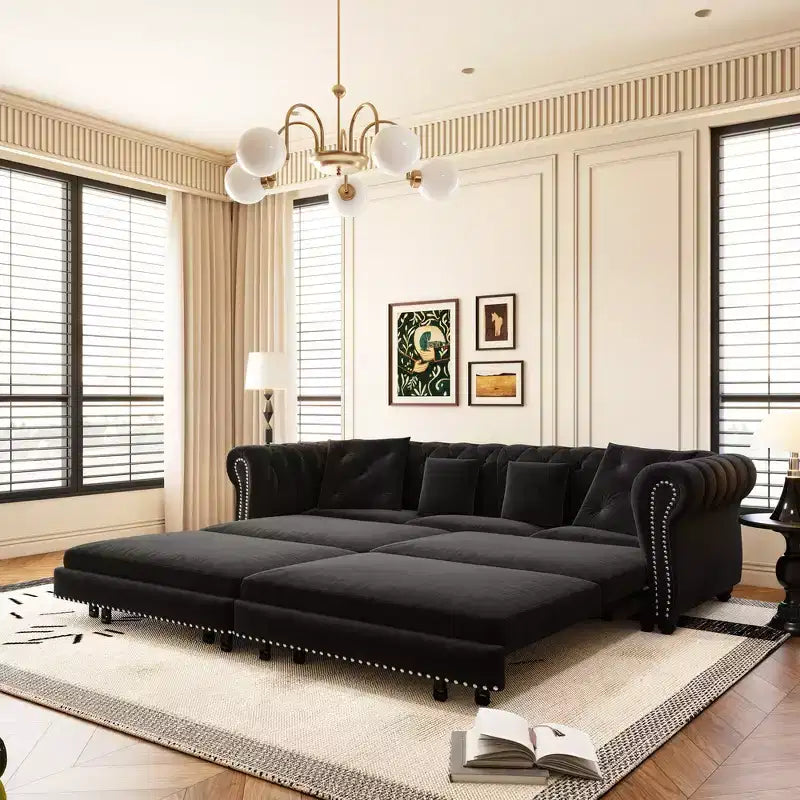 Whisen Velvet 3-in-1 King Size Pull-Out Sofa Bed & Convertible Sleeper Sofa with Movable Ottoman, Tufted Design