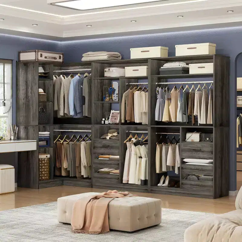 Besiost Set of 3 Corner Closet System with Tower Shelves and Drawers, Freestanding Closet Organizer with Hanging Rods