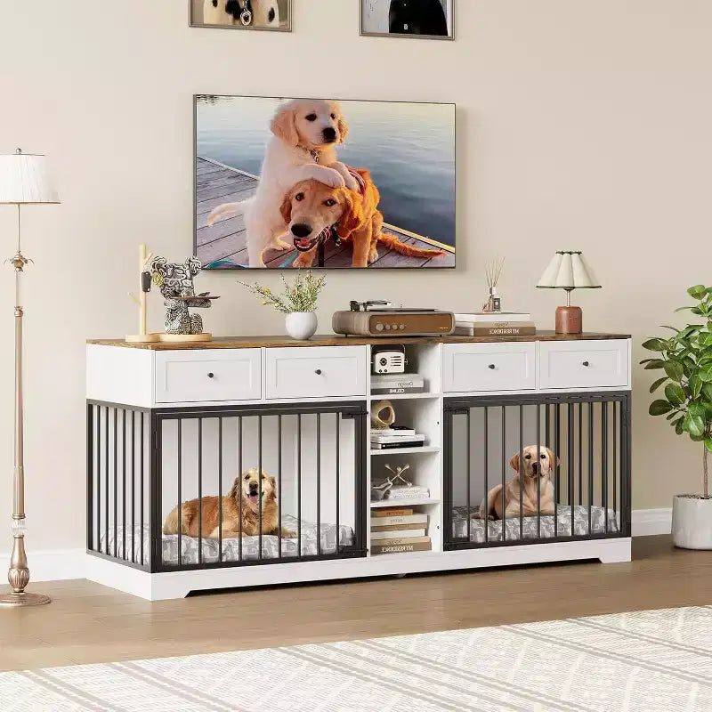 82 Double Dog Crate Furniture, Large Dog Kennel Indoor for 2 Dogs, Heavy Duty Wooden Dog Crate TV Stand with 4 Drawers and Shelves