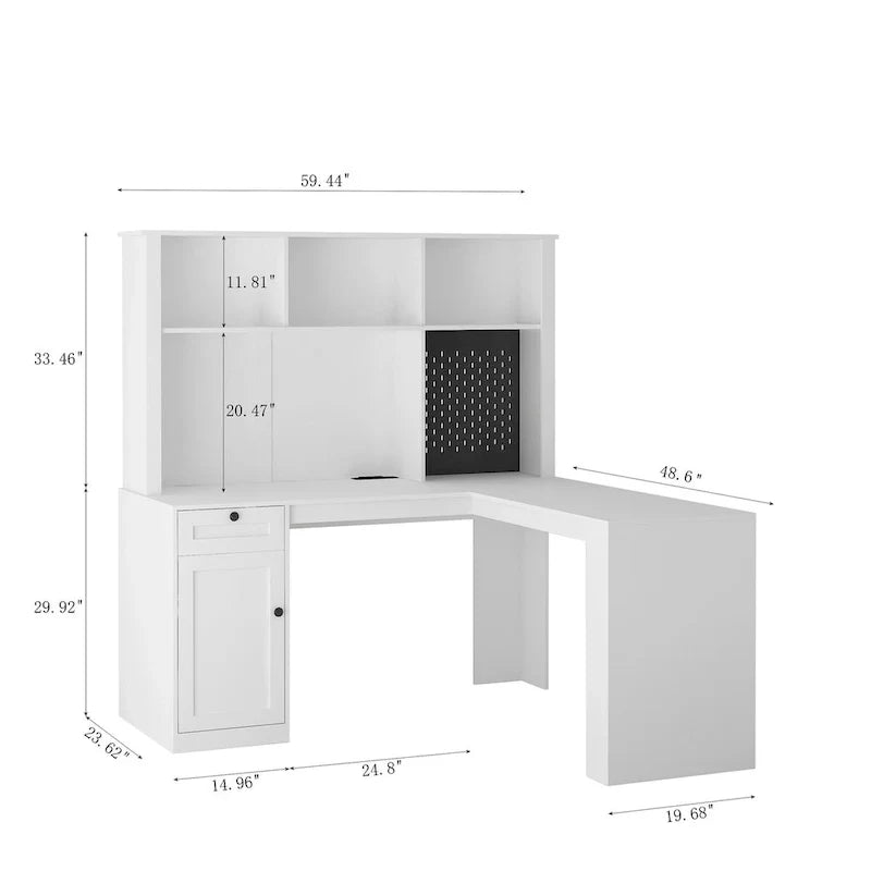 L Shaped Desk with outlet, Computer Desk with Drawers, Bookshelf & Hutch, Modern Corner Desk, Home Office Desk