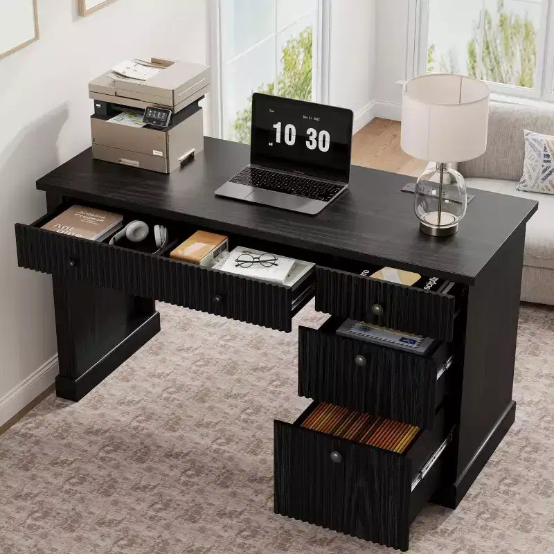 Fluted Home Office Desk Storage, 54 Modern Executive Desk with Charging Station, Wooden Computer Writing Desk with File Drawers for Study Room