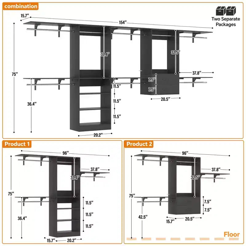 Freestanding Closet System with 8 Hannging Rods and Drawers, Hanging Closet Organizer with 10 Shelves