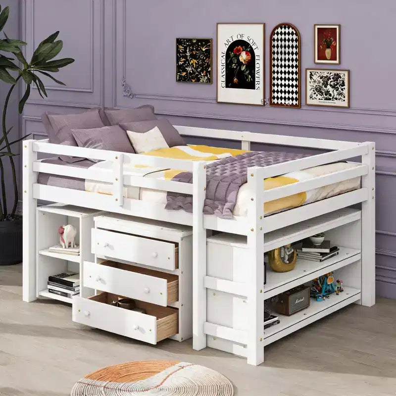 Full Size Low Loft Bed with Rolling Desk, 3 Drawers and Shelves