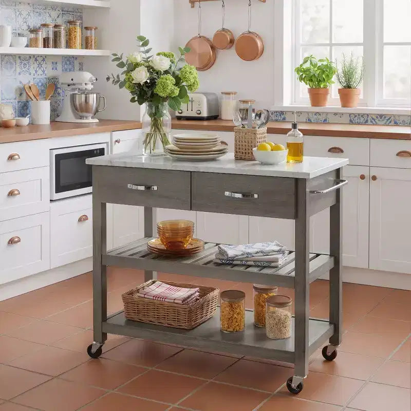Rolling Kitchen Cart with Marble Top Solid Wood Kitchen Island Cart with 2 Drawers 3-Tier Kitchen Trolley with Lockable Detachable Wheels & Towel Rack