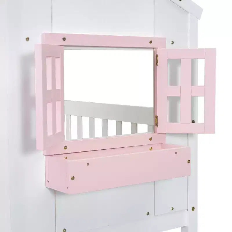 Twin Size House-Shaped Loft Bed, Wood Playhouse Loft Bed with Ladder & Guardrails for Kids