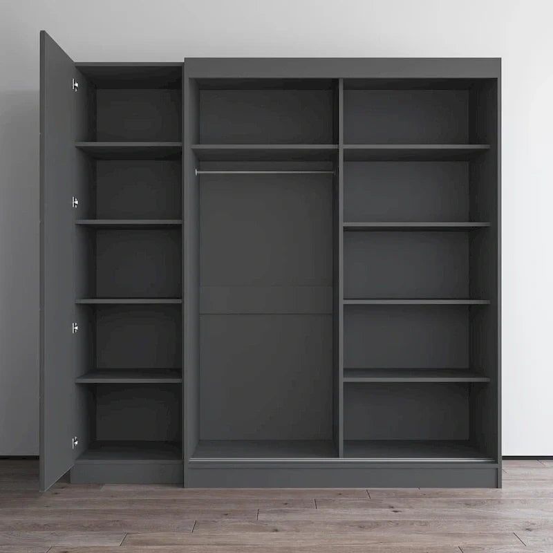 Armoire 2 portes avec miroir, façade vitrée, 2 personnes (Gris / Noir / Blanc)