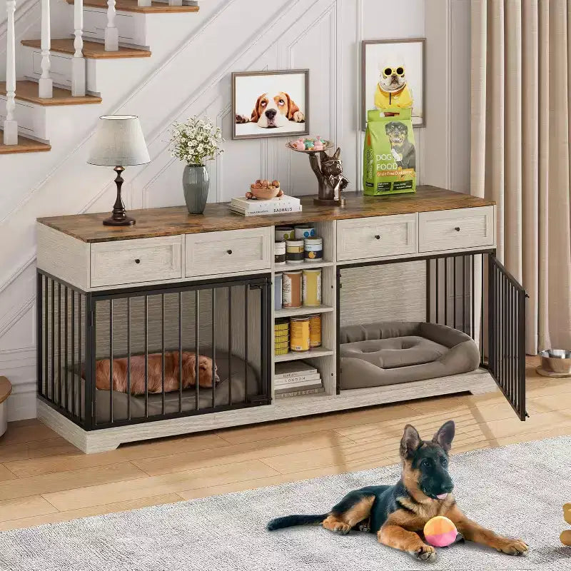 82 Double Dog Crate Furniture, Large Dog Kennel Indoor for 2 Dogs, Heavy Duty Wooden Dog Crate TV Stand with 4 Drawers and Shelves