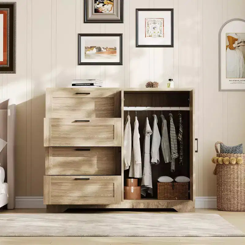 43.3 H Wood Armoire Wardrobe Closet with 4 Drawers & Hanging Rod, Multifunctional Bedroom Clothing Storage Cabinet Dresser