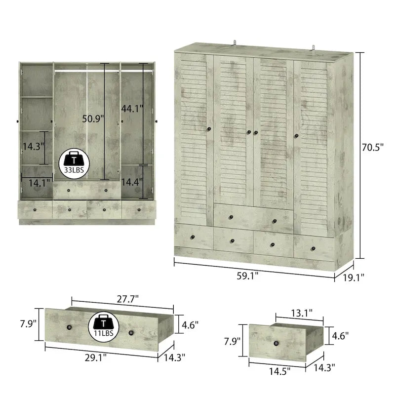 Wardrobe Armoire Closet 59W Large Freestanding Wardrobe Cabinet White