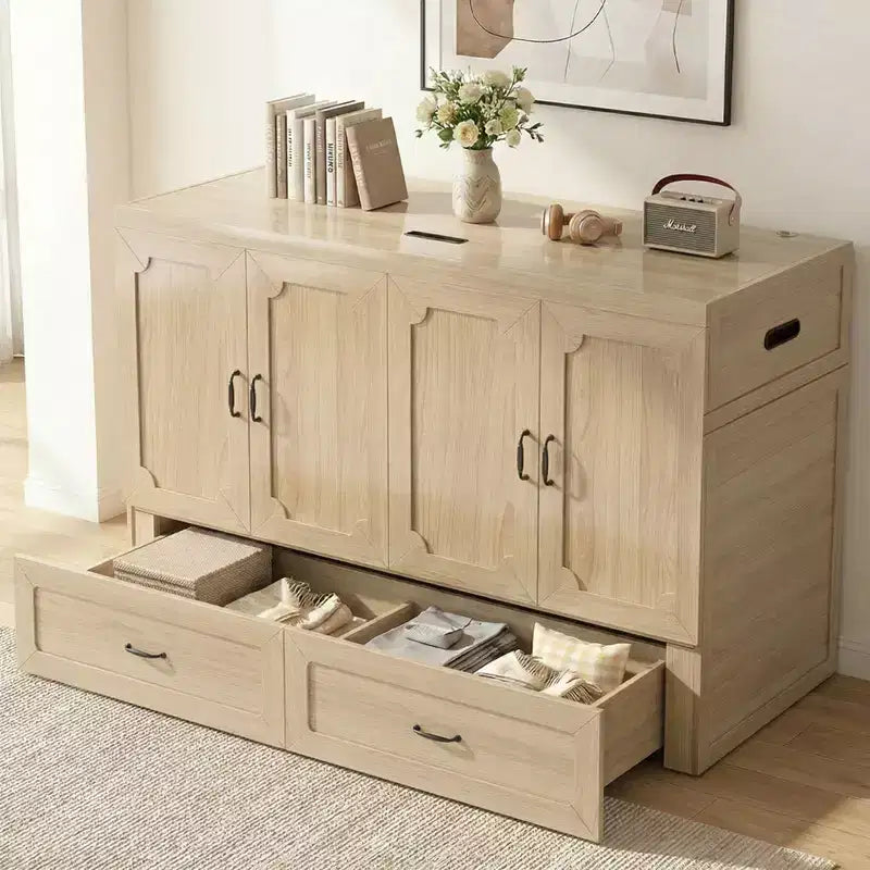 Mjkone Queen Size Convertible Murphy Cabinet Bed with Mattress, USB Charging, Storage Drawers