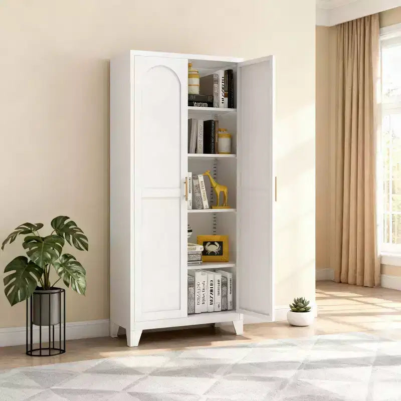 Homy Casa 4-Door Storage Cabinet with Cane Panels and Adjustable Shelves for Living Room, Dining Room, or Entryway, Black and Natural
