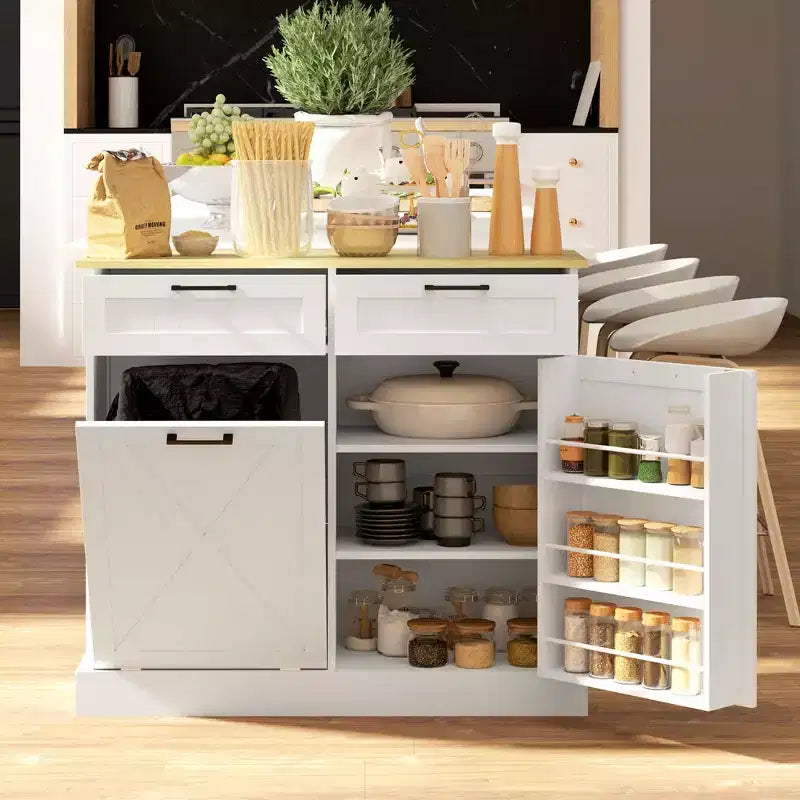 HOMCOM Tilt Out Trash Can Cabinet with Drawers, Farmhouse Kitchen Cabinet with Hidden Trash Can for Kitchen