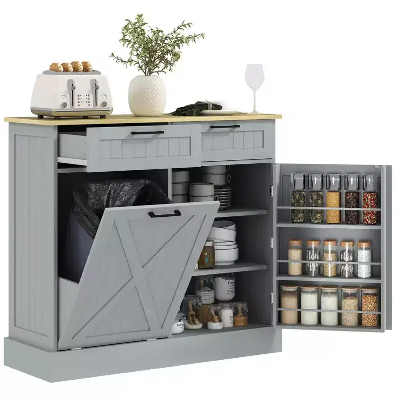 HOMCOM Tilt Out Trash Can Cabinet with Drawers, Farmhouse Kitchen Cabinet with Hidden Trash Can for Kitchen