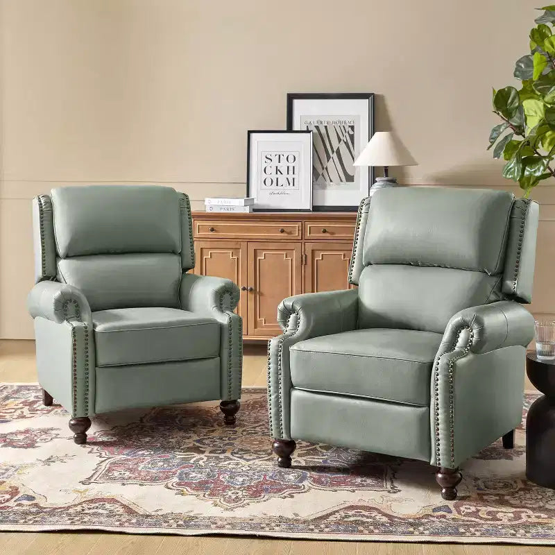 Set of 2 Elisabete Modern Wingback Genuine Leather Recliner with Vintage Nail Head Trim for Living Room and Bedroom| ART OF LIVING DESIGNS