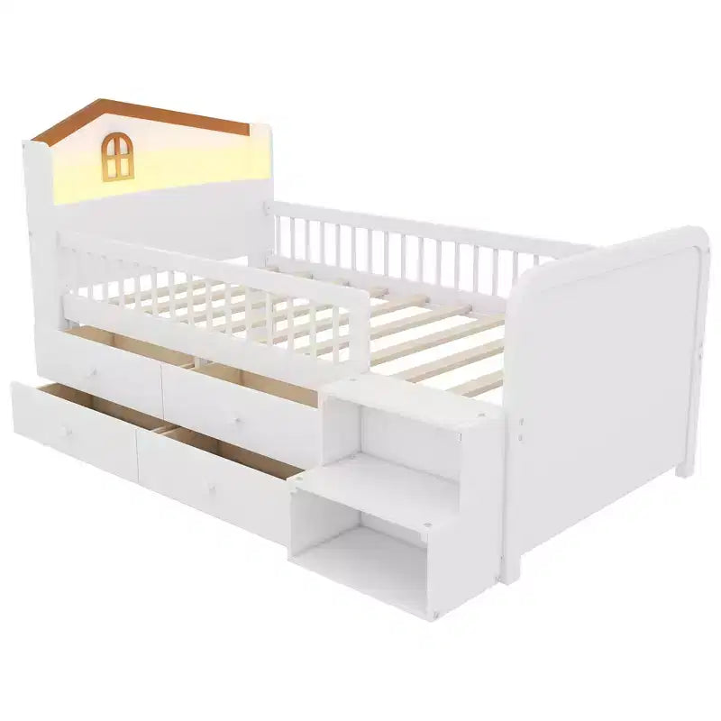 Whisen Low Twin Loft Bed with LED Lights, House Shape Headboard & Storage Drawers, Solid Construction