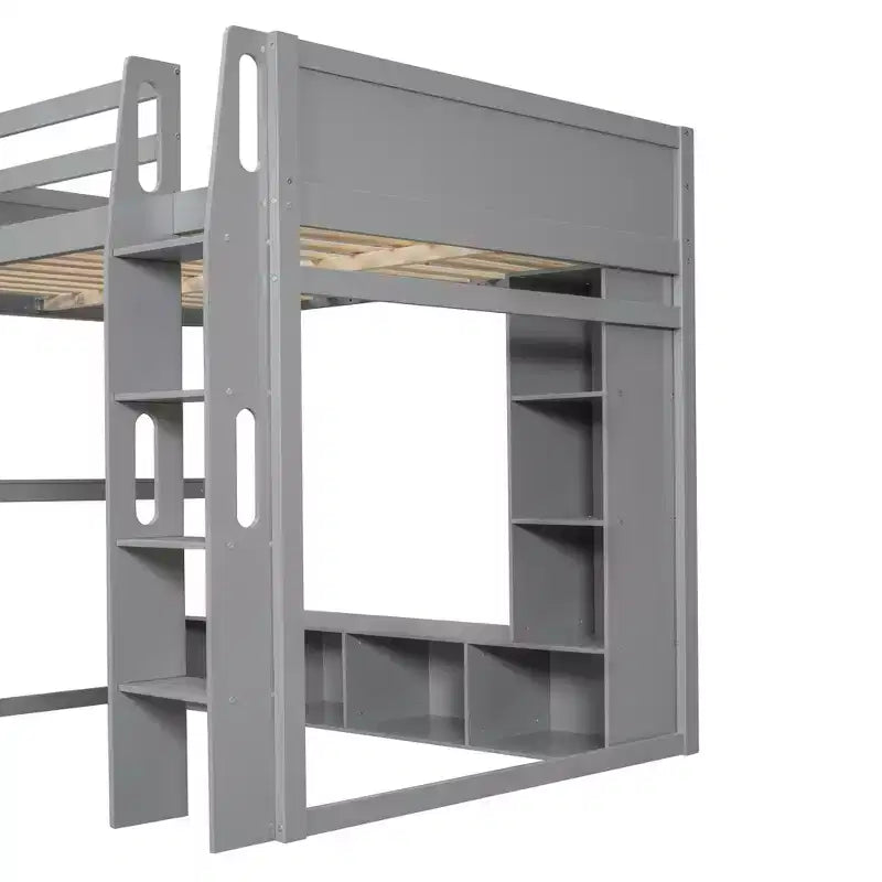 Whisen Wood Twin Size Gaming Loft Bed with Desk, Multi-storage Shelves, LED and a Hanging Clothes Rack