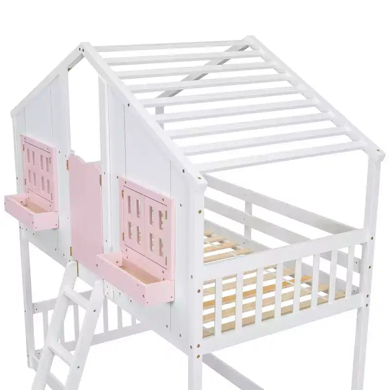 Twin Size House-Shaped Loft Bed, Wood Playhouse Loft Bed with Ladder & Guardrails for Kids