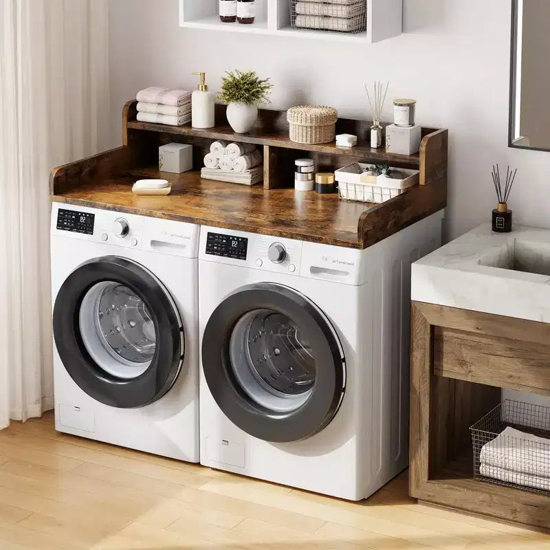 Wood Washer and Dryer Topper, 54 Laundry Countertop with 2-Tier Storage Shelf, Anti-Slip Work Surface with Guardrails for Laundry Organization