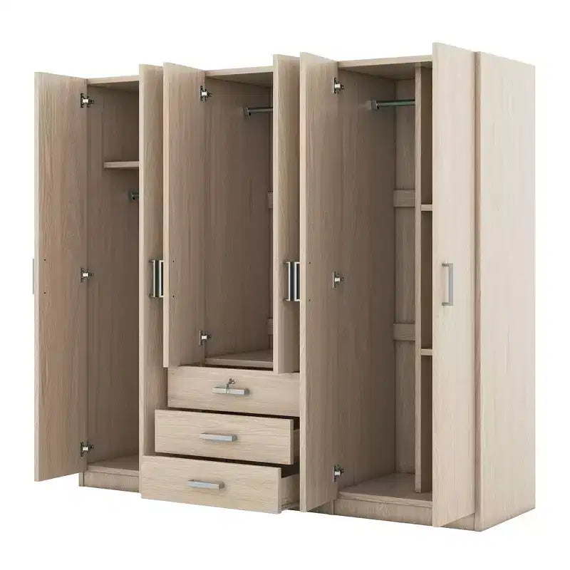 6-Door Wooden Wardrobe with Drawers for Bedroom