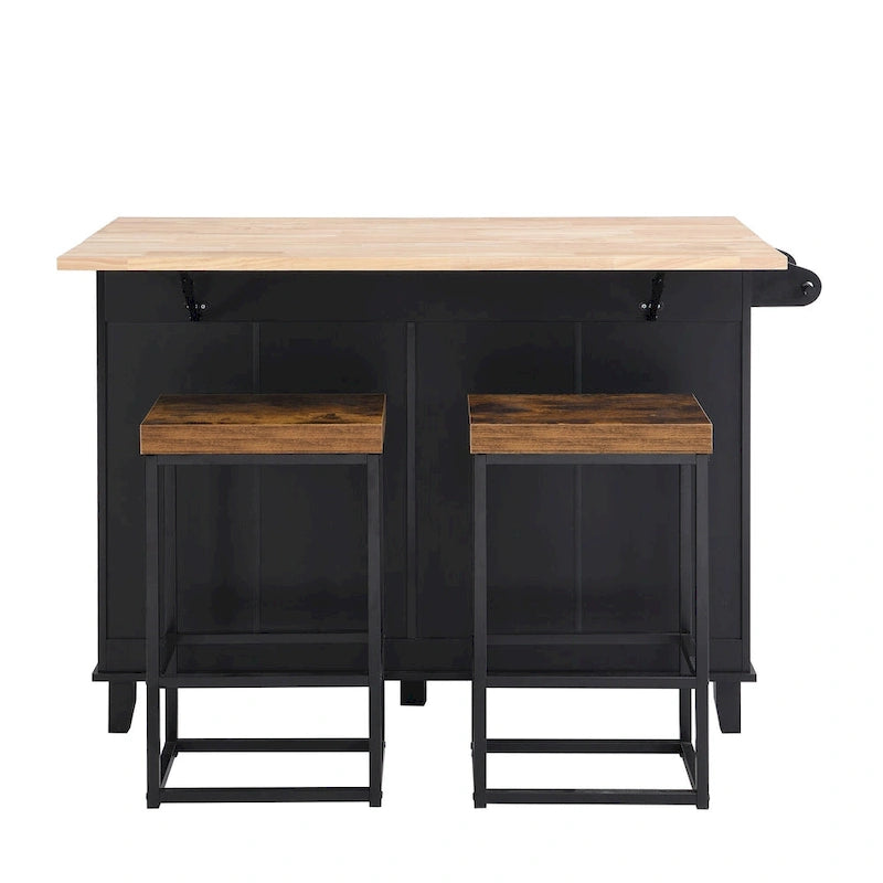 TOPMAX Kitchen Island Set with Drop Leaf and 2 Seatings, Dining Table Set with Adjustable Shelf, Drawers and Towel Rack