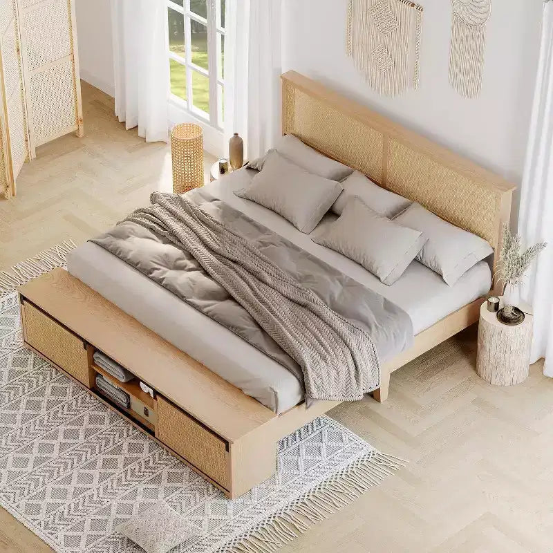 Boho Farmhouse Natural Rattan Bed Frame, Sliding Barn Door Storage and LED Light Headboard, Solid Wood Support Legs.