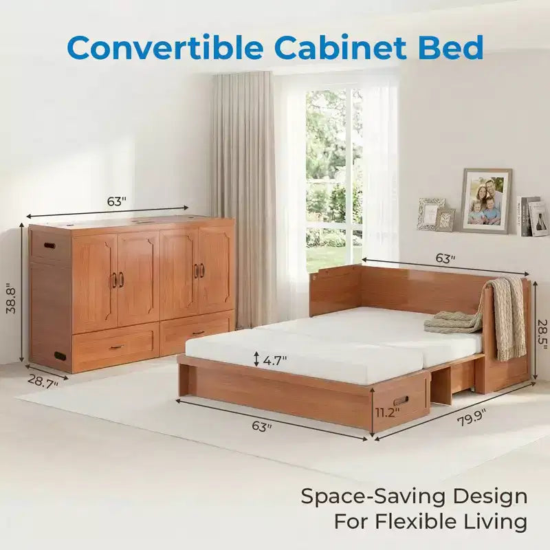 Mjkone Queen Size Convertible Murphy Cabinet Bed with USB Charging, Storage Drawers,No Mattress Included