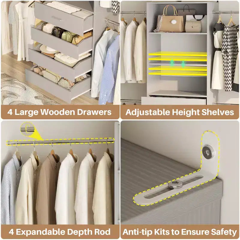 Besiost 4-9 Ft Wooden Closet Organizer System with 4 Drawers, 4 Hanging Rods & Shelving Towers