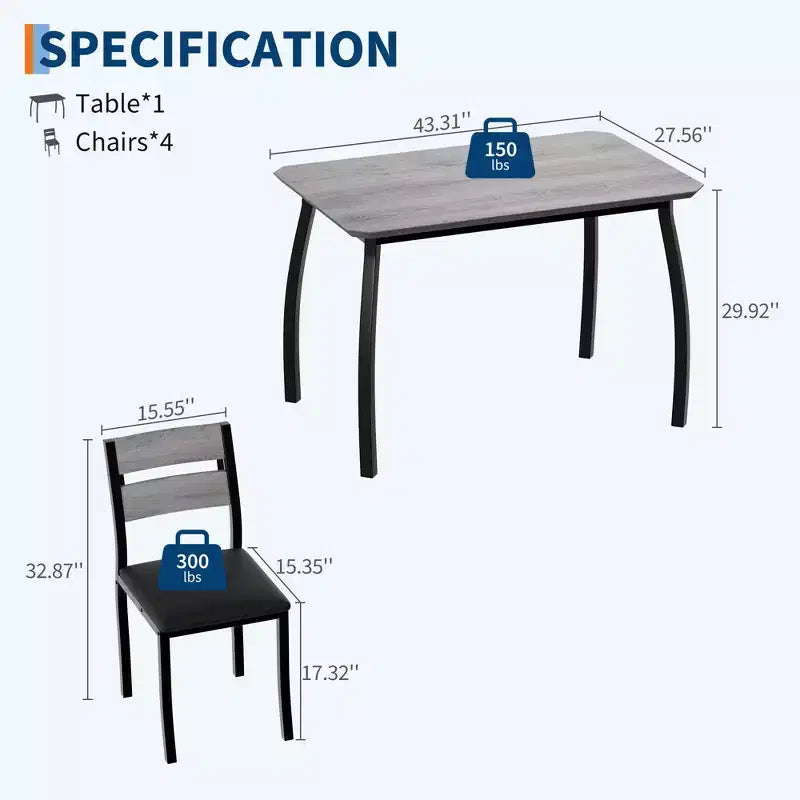 5 Piece Metal Frame Kitchen Table and Chair Set, with Chamfer Design
