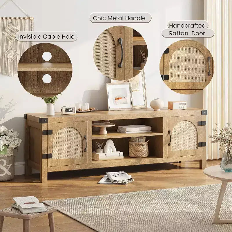 65-inch Bohemian-style TV stand with wicker door - Wooden entertainment center with two cabinets and adjustable shelves, suitable for living rooms
