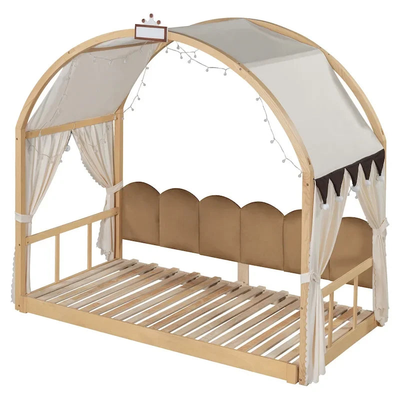 Solid Wood Playhouse Platform Bed Floor Montessori Bed Frame with Arched Roof and Trundle for Girls and Boys