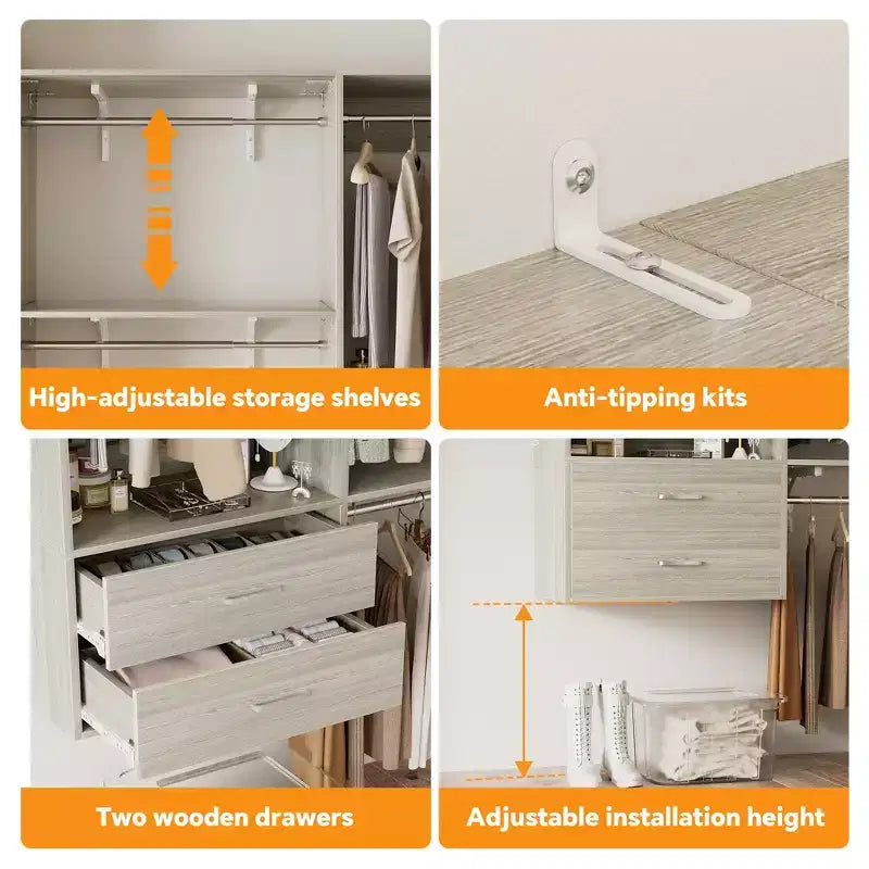 Freestanding Closet System with 8 Hannging Rods and Drawers, Hanging Closet Organizer with 10 Shelves