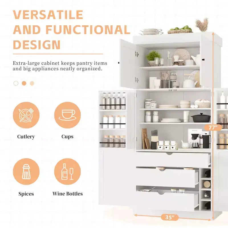 77H Freestanding Kitchen Pantry, Farmhouse Storage Cabinet with Adjustable Shelves, Door Shelves, Drawers & Wine Racks - ModernLuxe