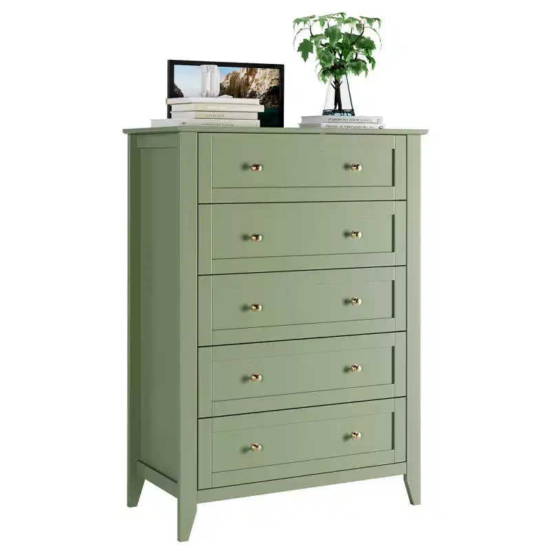 5-Drawer 42.5-Inch Tall Dresser for Bedroom, Wooden Storage Cabinet with 11.9-Inch Deep Drawers & Gold Metal Knobs, Ideal for Entryway, or Hallway