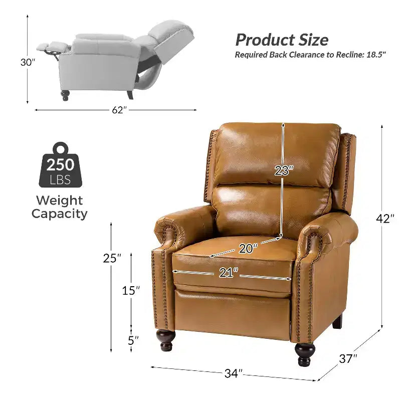 Set of 2 Elisabete Modern Wingback Genuine Leather Recliner with Vintage Nail Head Trim for Living Room and Bedroom| ART OF LIVING DESIGNS