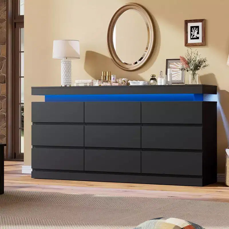 9 Drawer Dresser for Bedroom, Chest of Drawers with Charging Station & LED Lights, Double Wooden Closet Storage Cabinet, Modern Dresser TV Stand