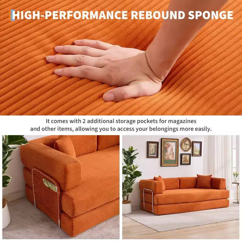 Sleeper Sofa Bed, 78.8 5-in-1 Folding Mattress Couch/Loveseat, Fixed-Shape Steel Frame, Corduroy with Pillows