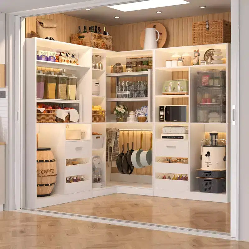 Besiost Set of 3 Corner Closet System with Tower Shelves and Drawers, Freestanding Closet Organizer with Hanging Rods