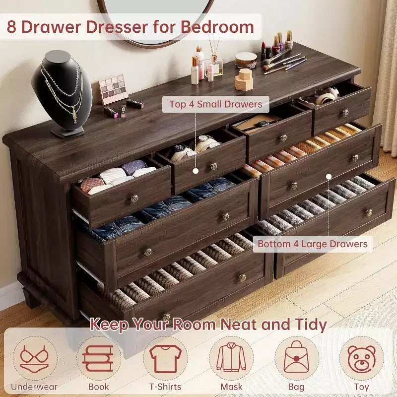 8 Drawer Dresser for Bedroom, Vintage 59 Dresser TV Stand with Carved Handles and Tapered Legs, Wood Chests of Drawers with Large Capacity Storage