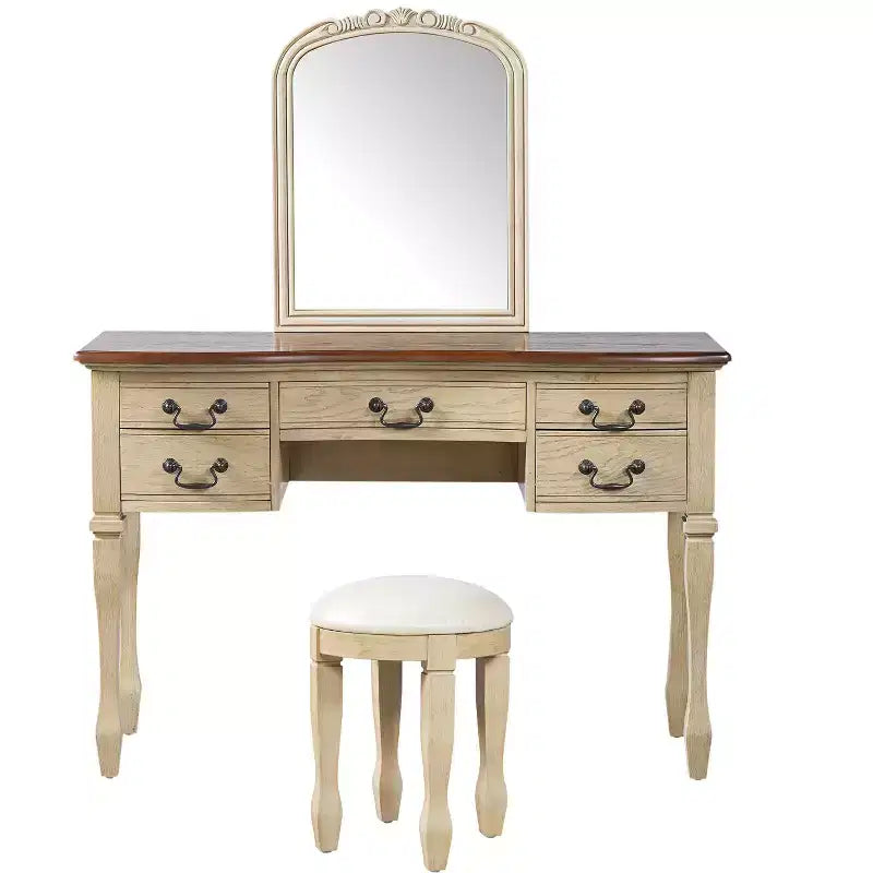 Vintage Vanity Set, Vintage Makeup Vanity Desk, 46 Inch Dressing Table with Curved Flower Mirror, 5 Drawers Storage