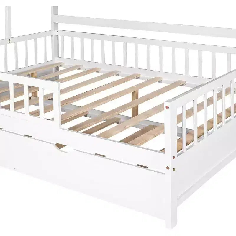 Acekool Full Size House Bed Frame with Twin Trundle, Storage Drawers & Shelves, Roof & Fence, Kids Platform Bed, White
