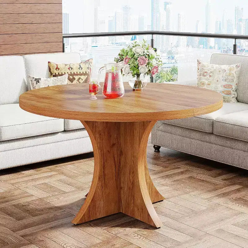 Lantine 47.24-Inch Round Dining Table for 4-6, Farmhouse Kitchen Table with Pedestal Base, Small Dinner Table for Dining Room, Living Room, Brown