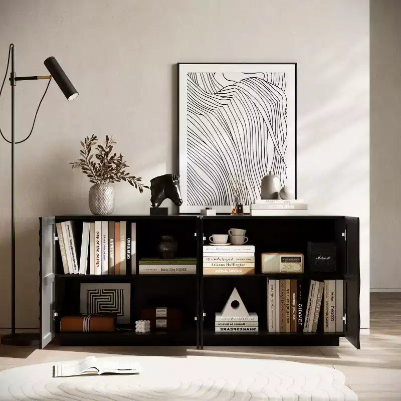 59 Modern Spiral Sideboard Buffet Cabinet, Low Profile Art Entryway Storage Cabinet with 3D Ripple Texture Doors